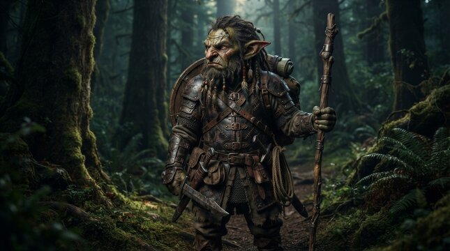 Armored orc ranger standing with staff in dense forest path