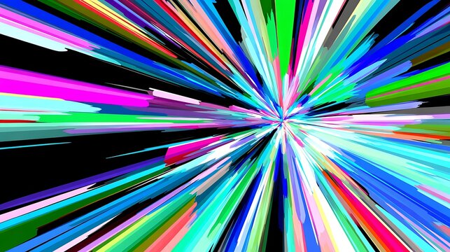 Bright colorful light rays radiating from a bright center in dark background