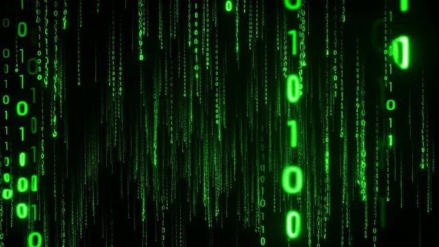 descending binary code on dark background with 0s and 1s in green and black, technological digital motion graphics for data visualization and cybersecurity applications.