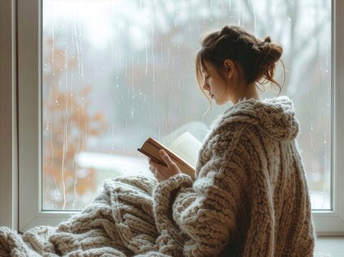 Cozy Woman Reading a Book by Rainy Window in Knit Sweater