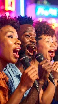 Friends Joyfully Sing Karaoke with Microphones in a Vibrant Nightclub