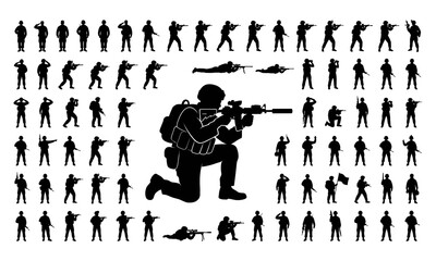 Fototapeta premium Extensive set of military soldier silhouettes for tactical combat visualization