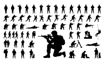 Fototapeta premium Large collection of military soldier silhouettes in various combat positions