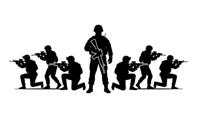 Fototapeta premium Group of armed soldiers in tactical formation isolated on white background