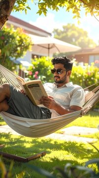 Man Reading a Book in a Hammock Enjoying Sunny Garden Relaxation