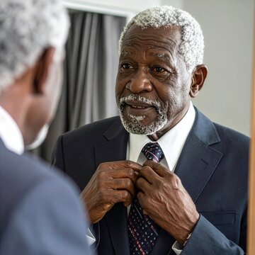 Mature Black Man Smiles While Adjusting His Suit Tie in Mirror