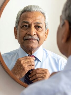 Mature Man Adjusting His Tie in Mirror for a Professional Look