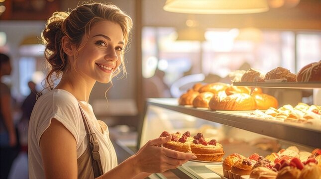 Smiling Woman Holding Fresh Raspberry Tarts in a Warm Bakery