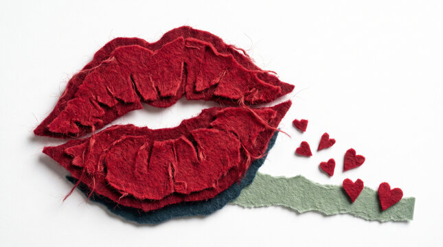 Red felt lipstick kiss mark with small hearts and green paper  