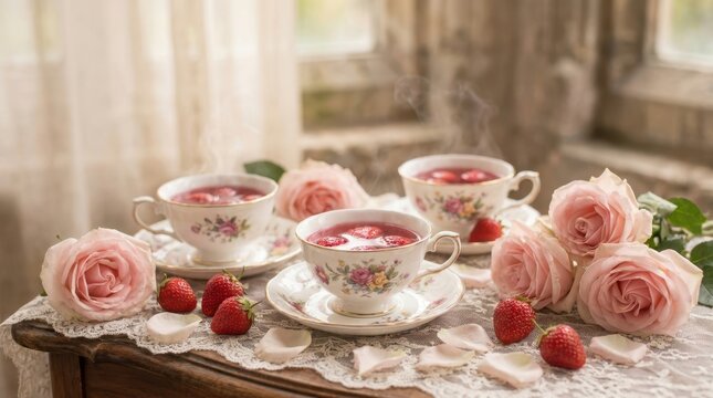 Elegant tea party with steaming strawberry infusions and delicate pink roses