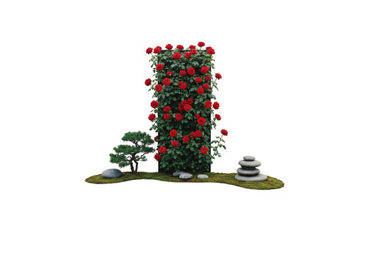 A pixel-art tower constructed with red blocks and topped with a green roof