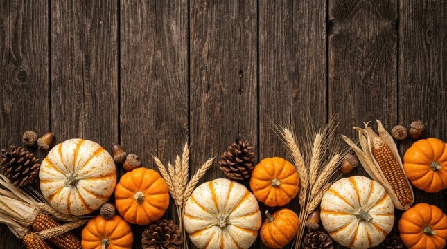 Thanksgiving autumn harvest basket with pumpkins squash gourds