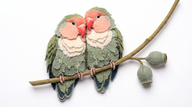 Two lovebirds sitting closely on a branch with green leaves  
