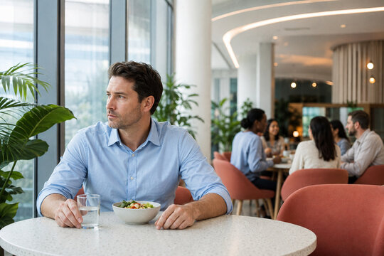 Isolated employee sitting alone during corporate lunch break