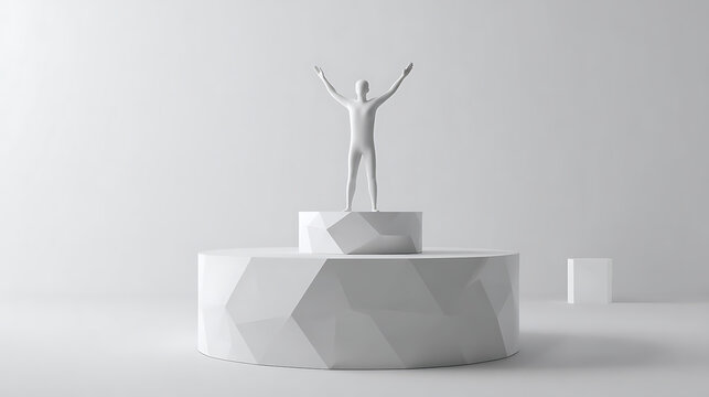 Une statue blanche se tient sur une plateforme g&eacute;om&eacute;trique dans un espace vide