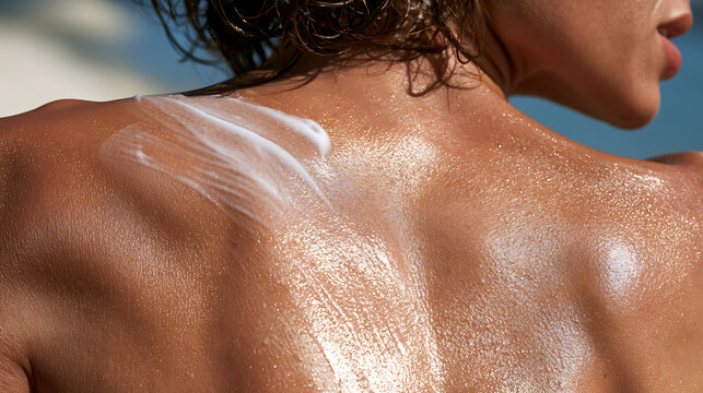 Application de cr&egrave;me solaire sur le dos &agrave; la plage au bord de la mer