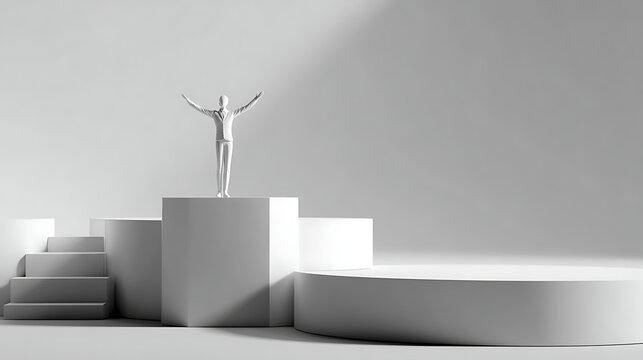 Un personnage en blanc se tient sur un podium avec des marches, dans un espace graphique lumineux
