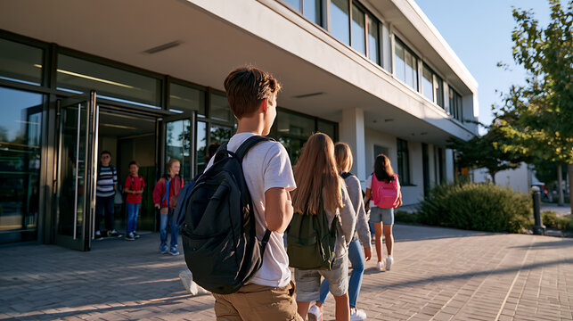 Un groupe d'&eacute;l&egrave;ves sort de l'&eacute;cole pour profiter du temps &agrave; l'ext&eacute;rieur