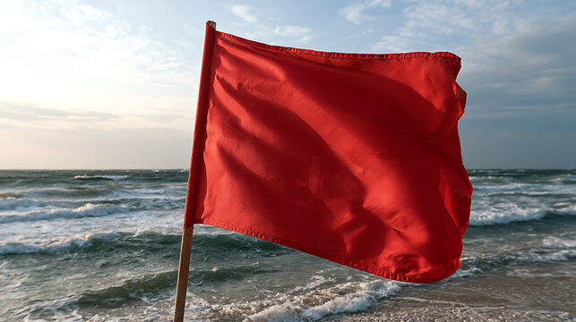 Un drapeau rouge flotte sur la plage &agrave; c&ocirc;t&eacute; de la mer pendant une journ&eacute;e nuageuse