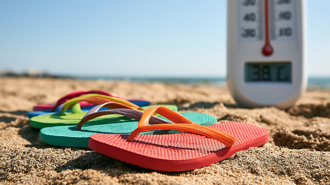Des tongs color&eacute;es sur la plage avec un thermom&egrave;tre affichant une temp&eacute;rature &eacute;lev&eacute;e