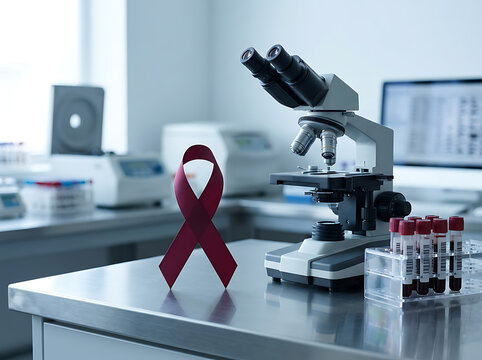 Red awareness ribbon and microscope with blood samples in a laboratory setting.