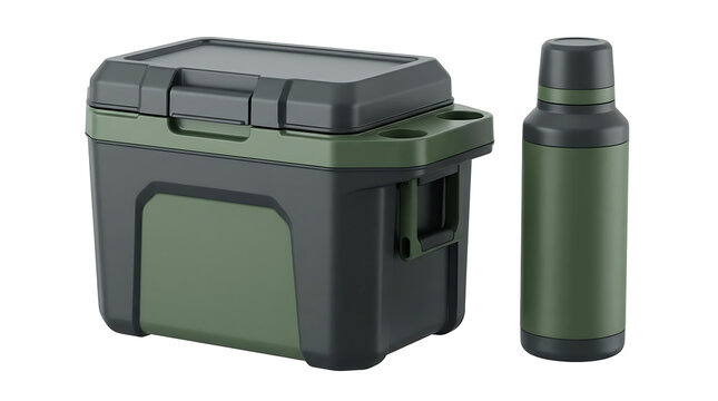 Portable cooler box with insulated beverage bottle and drink holder, transparent background