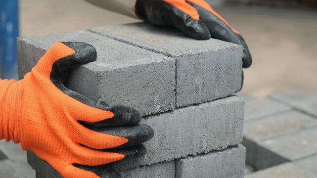 Construction worker hands stacking gray bricks for manual delivery to a construction site, brick masonry and paving stone installation, municipal sidewalk improvement and public works