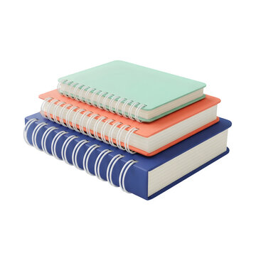 Three spiralbound notebooks in mint green, orange, and blue stacked on a transparent background
