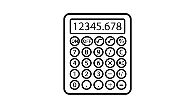 A simple black and white line art icon of a digital calculator with numbers and basic mathematical functions