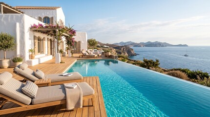 Fototapeta premium Luxury Villa with Infinity Pool Overlooking the Aegean Sea in Greece