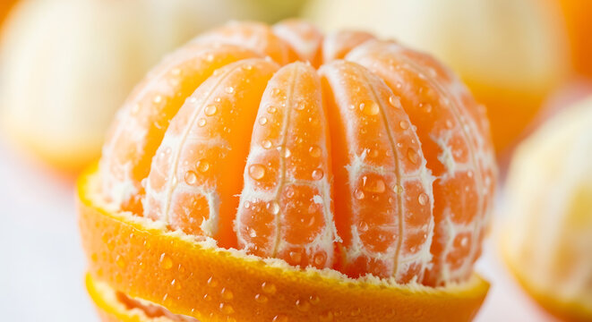 Macro view of peeled mandarin orange slices with dew drops mandarin refreshing