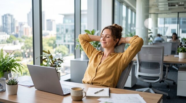 Woman relaxing at her office desk with hands behind head and eyes closed, enjoying a moment of peace