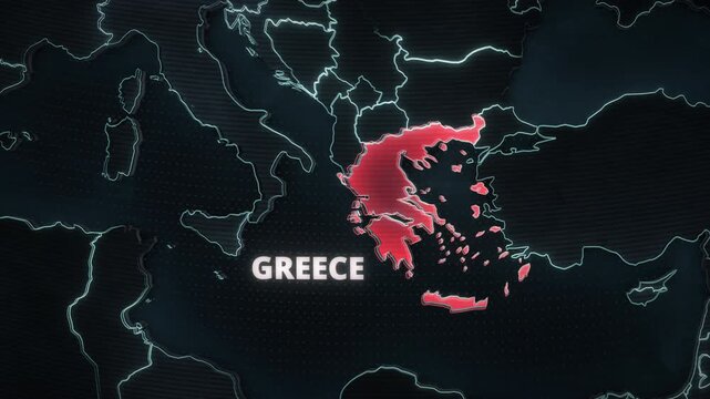 Digital map animation of Greece, Europe featuring a glowing red alert highlight, neon cyan borders, and bold typography, ideal for a broadcast news graphic or horizontal presentation backdrop.
