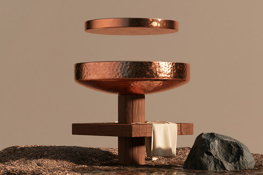 Copper bowl with hammered texture floating above a wooden stand on a rocky ground surface