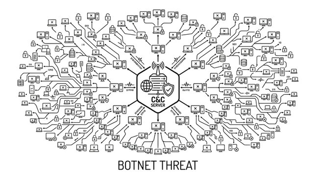 Conceptual infographic illustration of a botnet threat network structure.