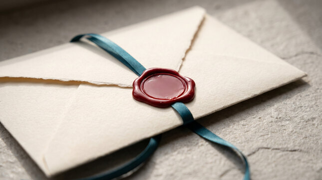 Love letter with a wax seal tied with ribbon on a textured surface  