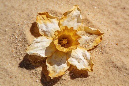 A dried buttery yellow daffodil flower with trumpet corona rests on fine beige sand photographed from directly overhead