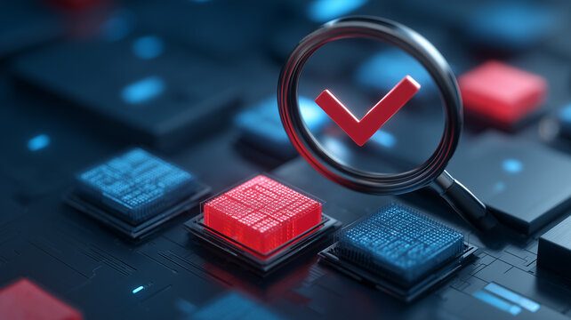 A magnifying glass with a check mark above a highlighted processor represents technology validation and quality assurance testing.
