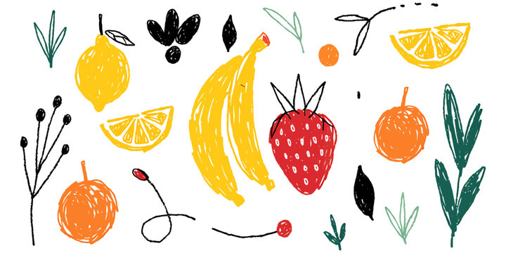 A vibrant and whimsical collection of hand-drawn fruits and botanical elements, rendered in a playful, crayon-like style, evokes a sense of fresh, healthy living and artistic expression.