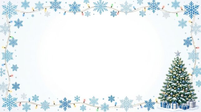 A christmas tree with gifts and string lights forms a festive border holiday decorations ornaments snowflakes stringlights fir pine