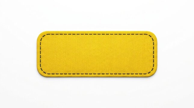 Yellow fabric patch with stitched border rests on a white background sewn rectangle textile material craft applique embroidery closeup