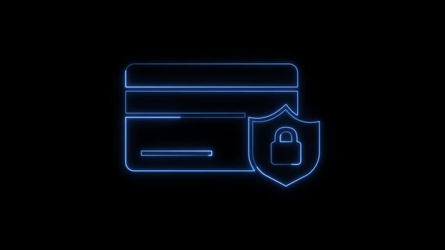 Secure Digital Payment Card with Shield and Lock Icon, Online Payment Protection and Financial Security Neon Glow Animation