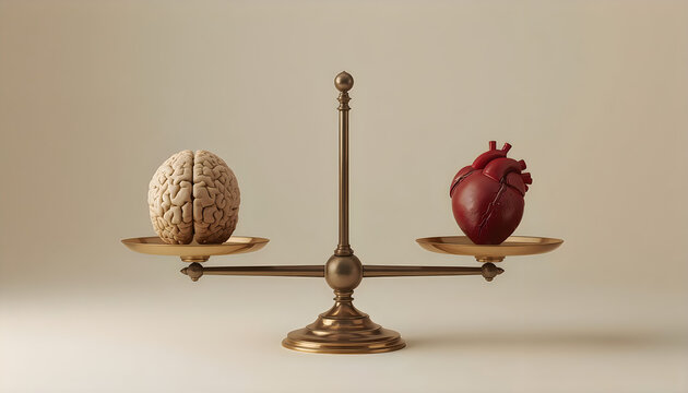 Brass scales balancing human brain and anatomical heart for mental health balance.