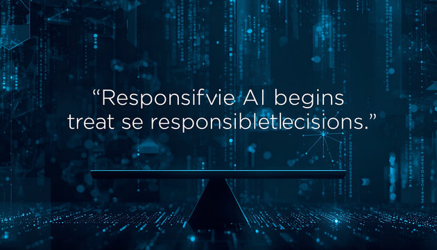 Balance scale silhouette positioned in front of a blue matrix digital background accompanies a quote about responsible decisions.