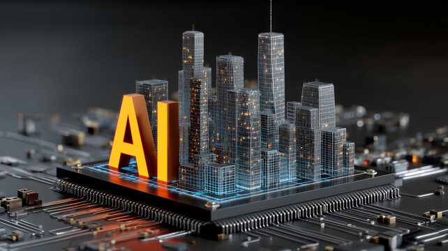 AI letters beside a digital city on a processor represent artificial intelligence powered smart cities and urban technology.
