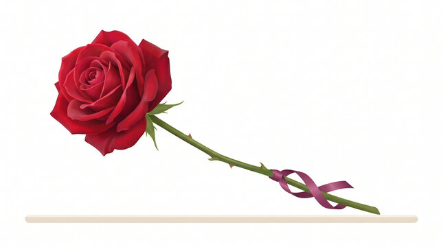 Single red rose with ribbon lying on a wooden surface  