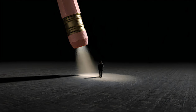 Giant pencil eraser shines light on tiny businessman in dark conceptual space.