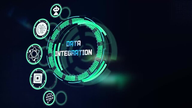 Data integration corporate database processing platform visualized on dark cyan glowing futuristic technological hud screen