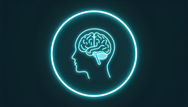 Glowing neon outline of human head with brain inside, concept science.
