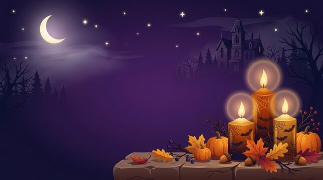 Halloween scene with lit candles, pumpkins, and autumn leaves under moonlight isolated on transparent background, Vector, illustration